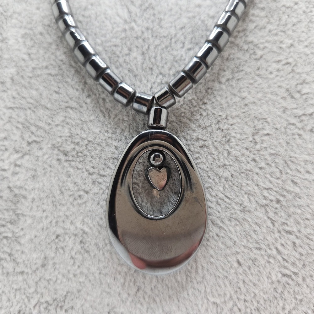 Vintage Y2K Hematite Beaded Necklace Heart Pendant and Earring Set Gunmetal 19in